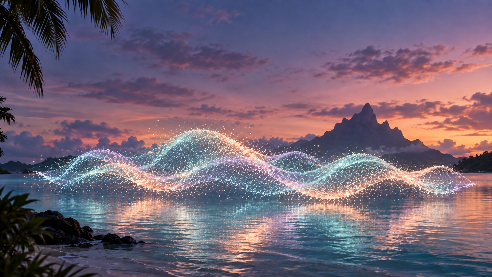 A glowing particle landscape reflected on a still lagoon at dusk