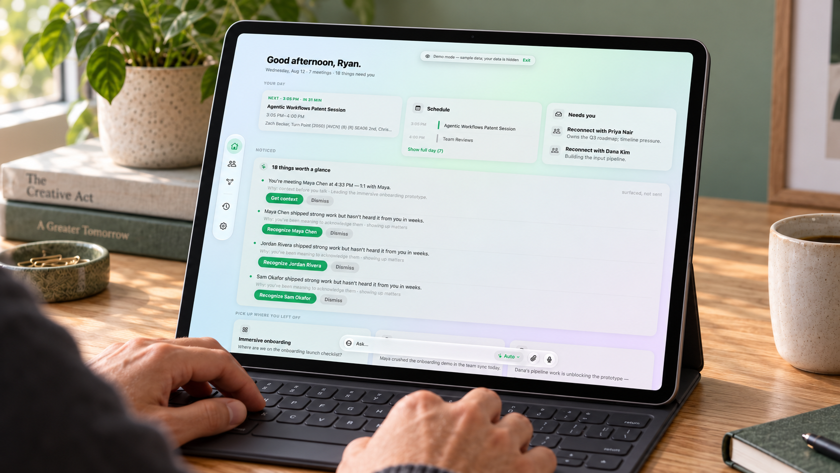 A person using the career strategy app’s home view on a large iPad Pro with a keyboard folio at a desk