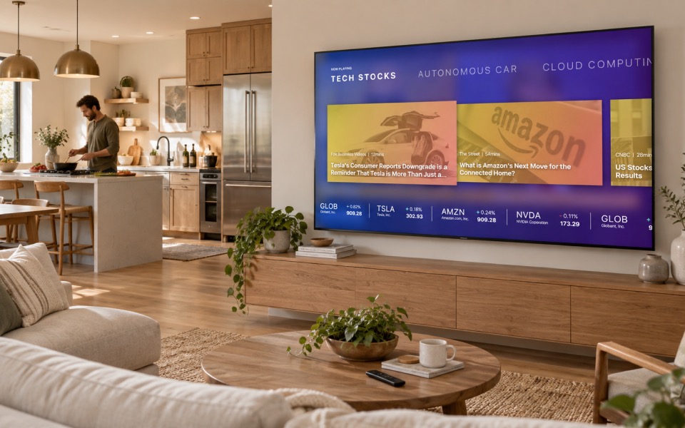Yahoo Finance on a living-room TV: themed video playlists above a live market ticker, with someone cooking in the kitchen behind
