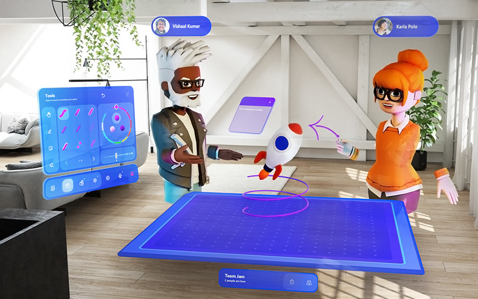 Two avatars with name tags at a blue holographic table in Microsoft Mesh, with a tools panel and a sketch floating between them