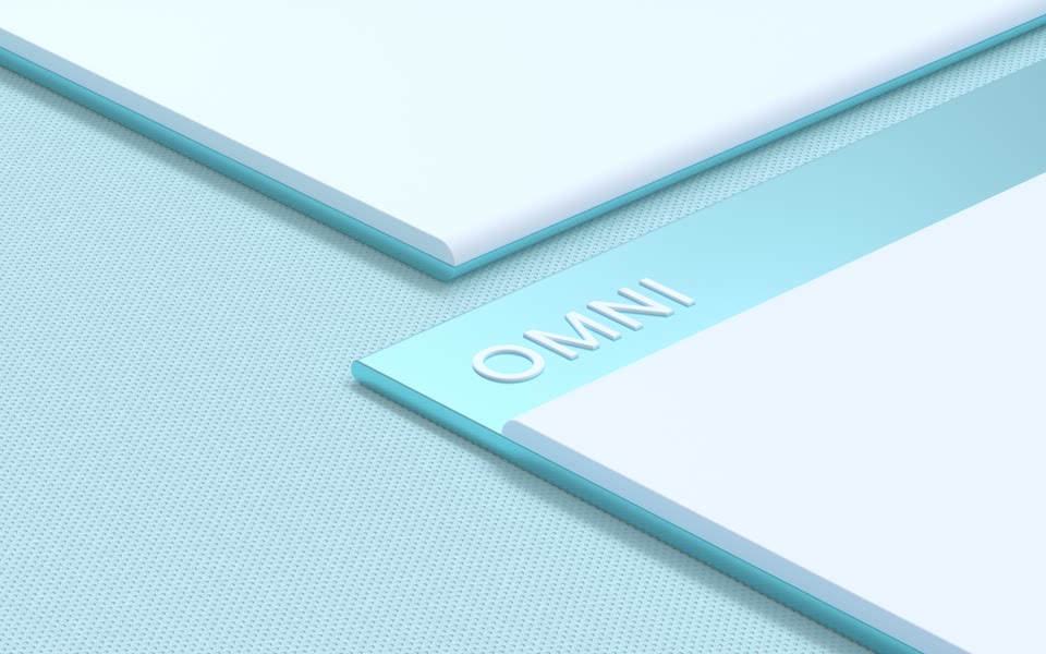 A 3D render of the word Omni pressed into a pale teal surface