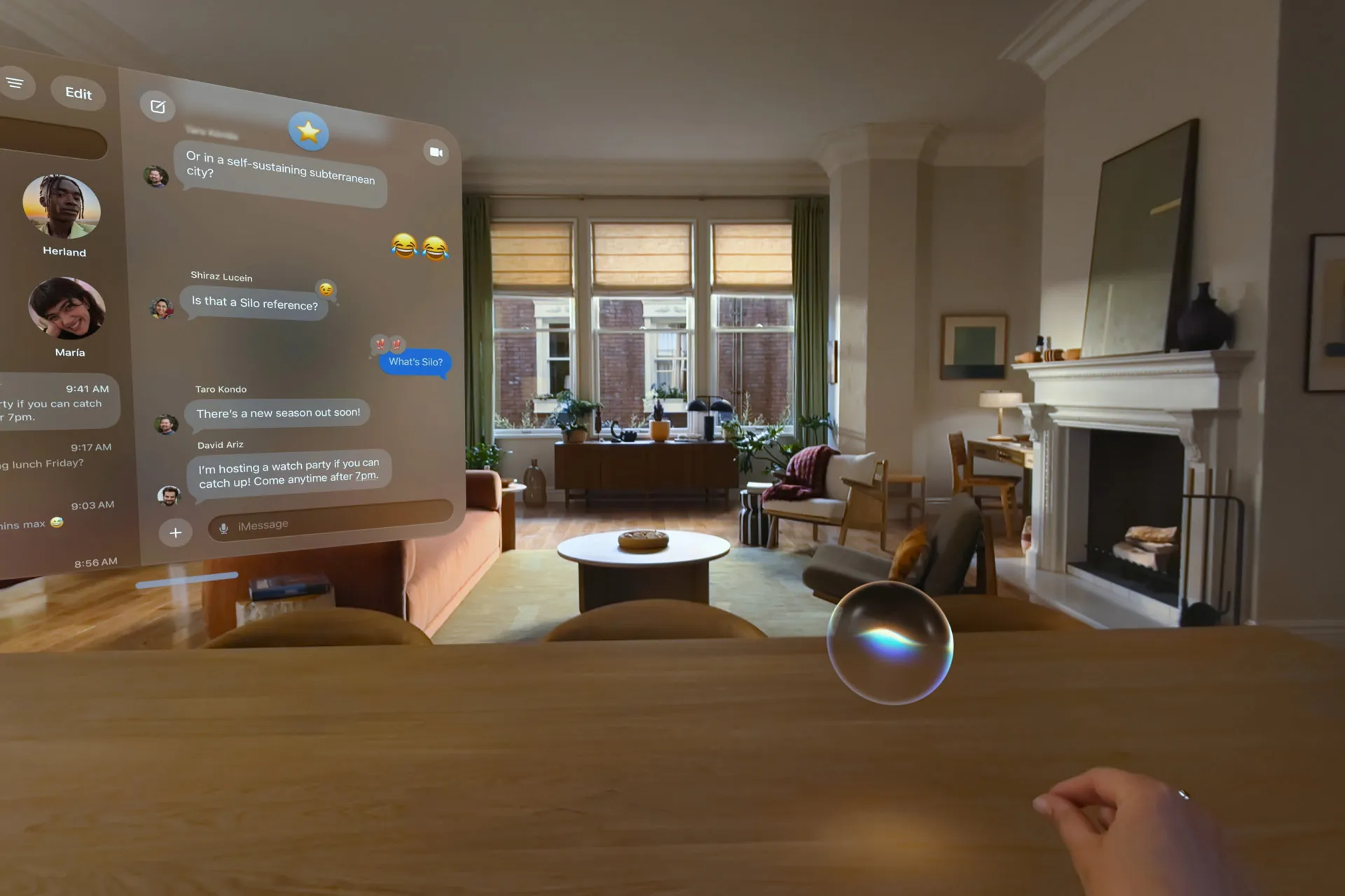 Siri’s glowing orb beside a Messages window in a living room on visionOS